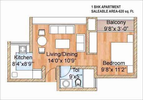 1 BHK+1T (660 sq ft apartment )
